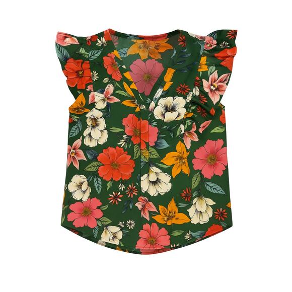 DR2 Green Floral Ruffle Sleeve Blouse Women’s Small V Neck Top Summer - Picture 1 of 10